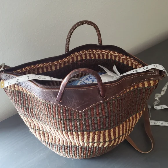 Handcrafted Brown and Tan Woven Tote Bag With Leather Handles - Picture 8 of 8